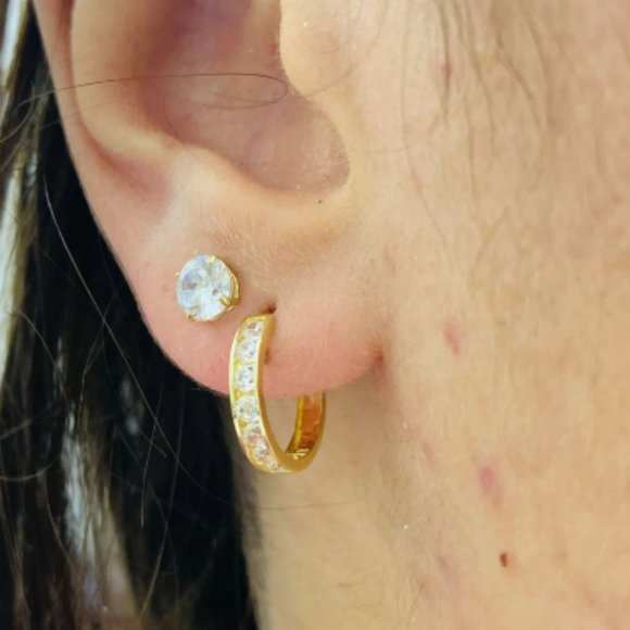 2 Pairs Earrings Stud Huggies Hoop Earrings for WOMENS 10K Yellow Gold CZ Stones - Picture 3 of 5